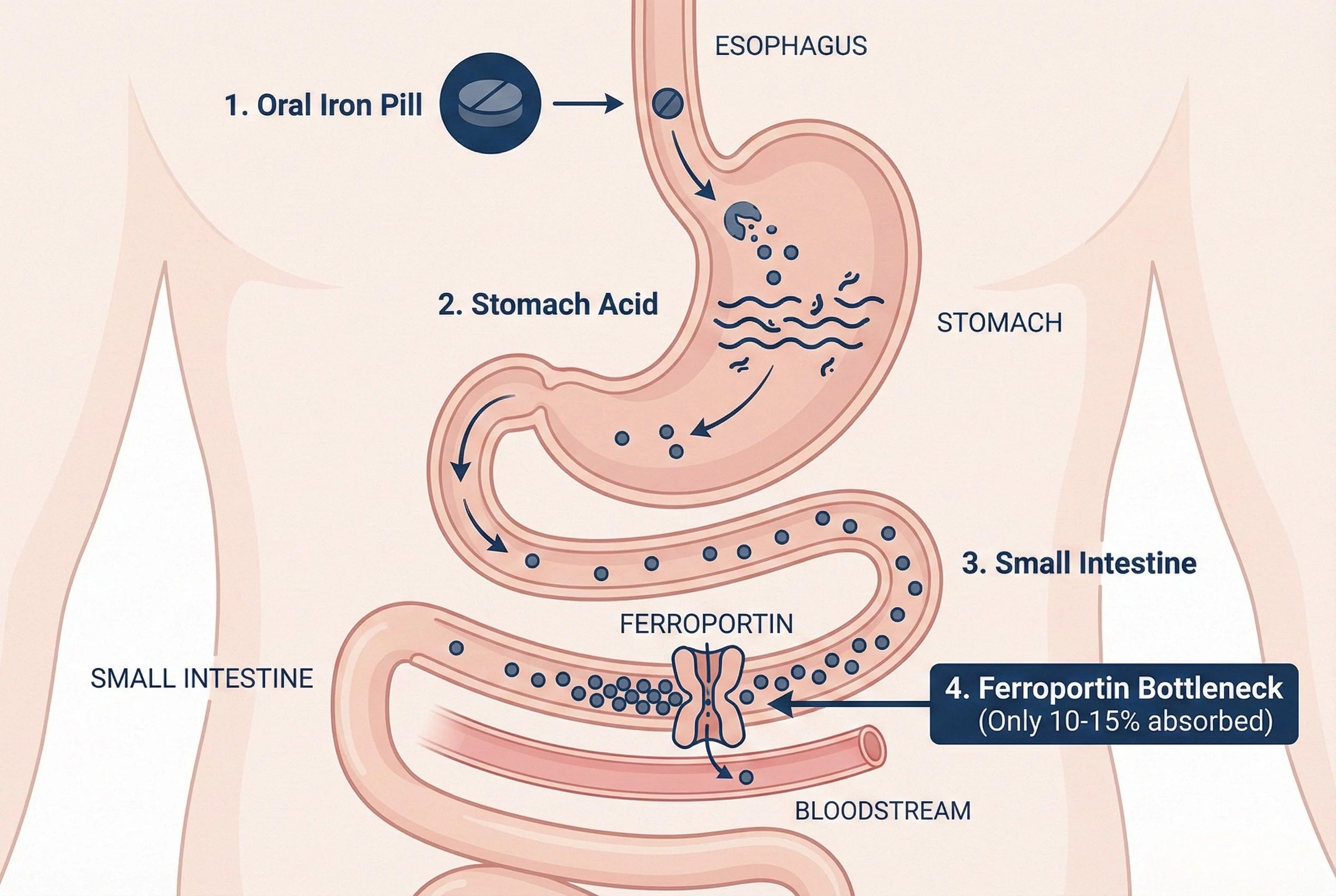 How traditional iron pills are absorbed β most iron is lost before reaching your bloodstream.