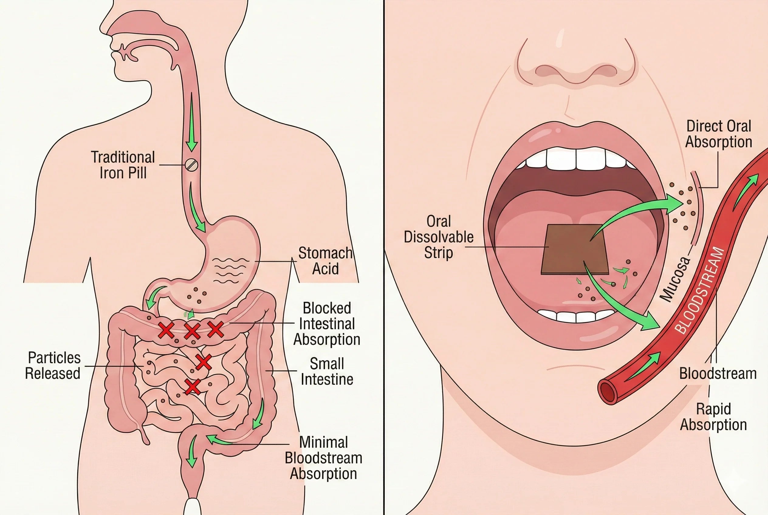 Buccal absorption delivers iron through the mouth lining directly into the bloodstream — bypassing the digestive system entirely.