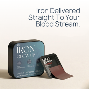 Iron Glow Up Strips packaging — oral dissolving iron supplement for women, 30 raspberry-flavored strips with fast absorption